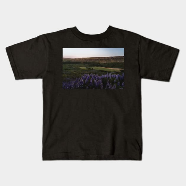 Lupine Flowers in Blossom During Midnight Sunset in Iceland Kids T-Shirt by Danny Wanders